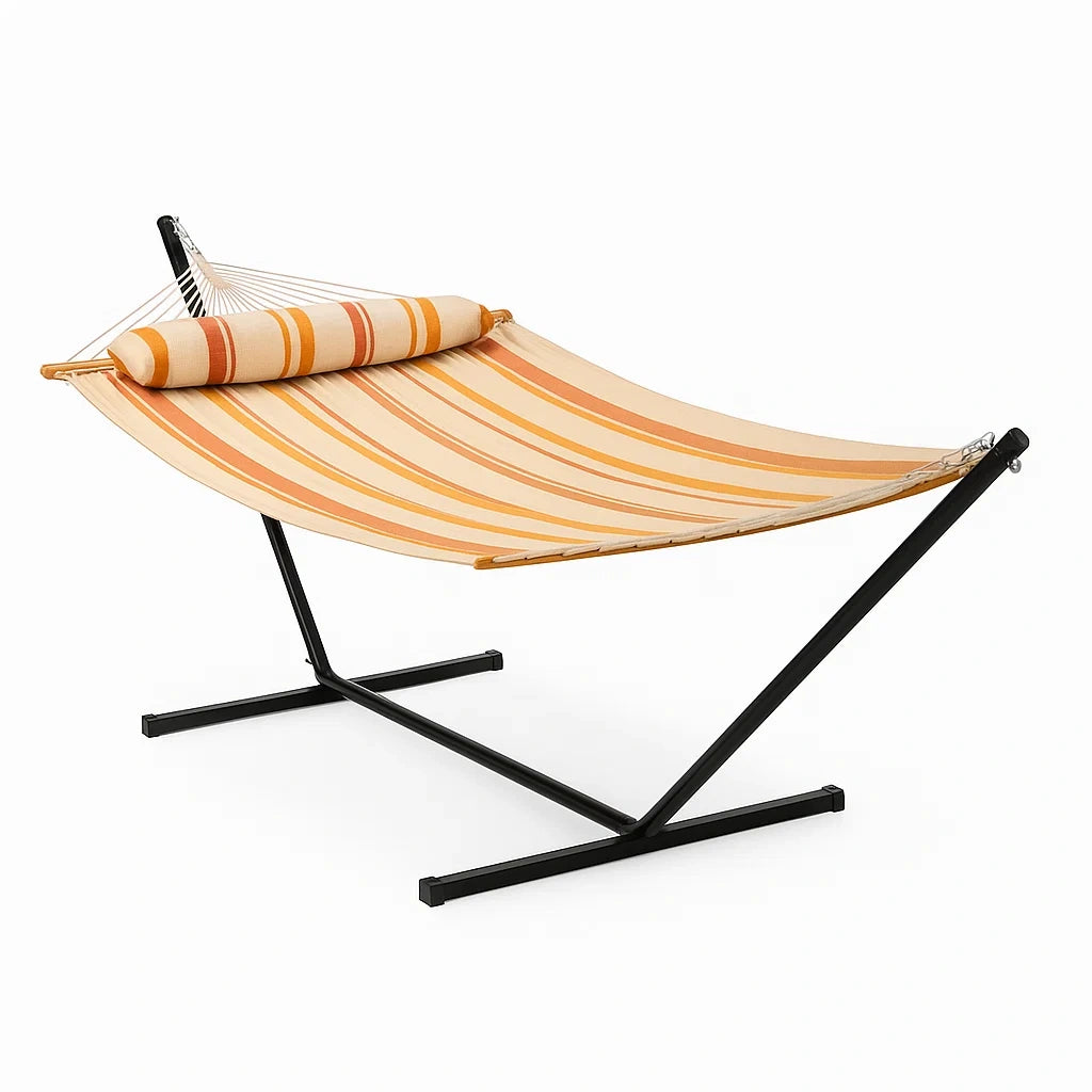 Hängematte mit Stahlgestell, orange/gelb gestreift, Baumwolle, inkl. Kissen