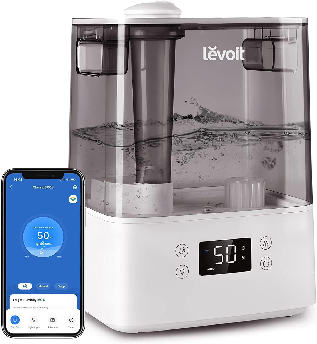 Levoit Luchtbevochtiger, 28 dB, 60 uur, 6 liter, slaapkamer tot 47 m2, wifi, met app en Alexa-bediening, grijs, auto en slaapmodus, ultrastil