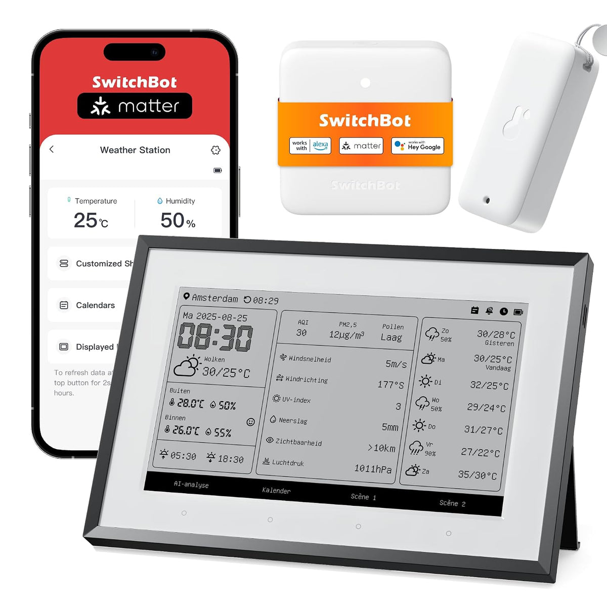 SwitchBot Weerstations Smart E, 7,5' Draadloze Binnen- & Buitentemperatuur- en Vochtigheidsmonitor, 2,4GHz Wi, Outlook(3in1), Compatibel, Fi en BLE