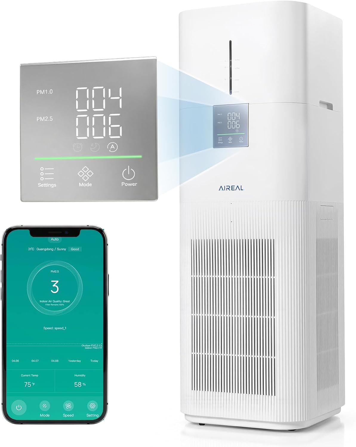 Aireal Luchtreiniger 2-in-1 & Luchtbevochtiger, H13 True HEPA, WiFi/Spraak AEH800, voor Grote Kamers tot 325m2, Slimme Verdampingsbevochtiger 7L