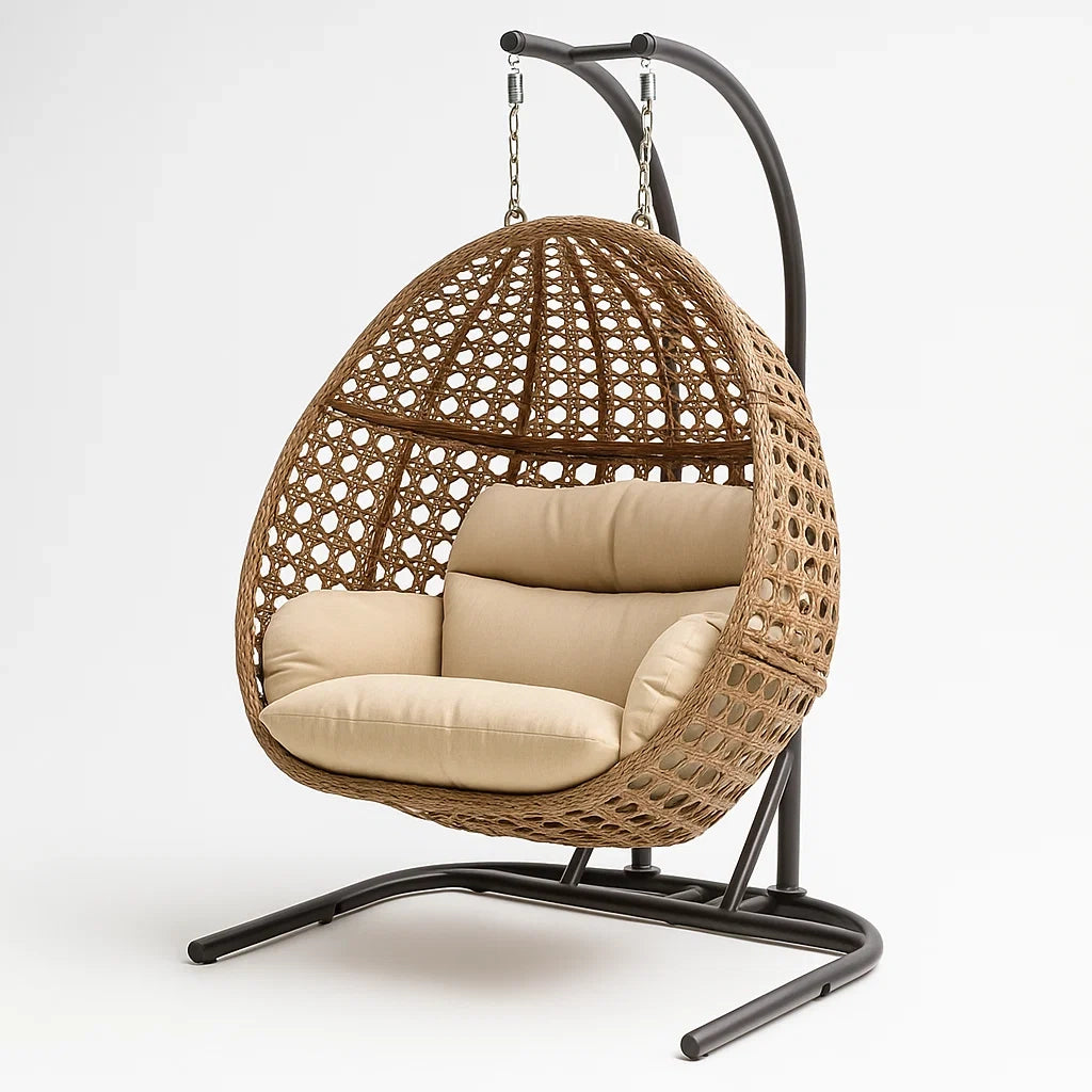 Hängesessel aus Rattan mit Metallgestell und Kissen Braun/Beige