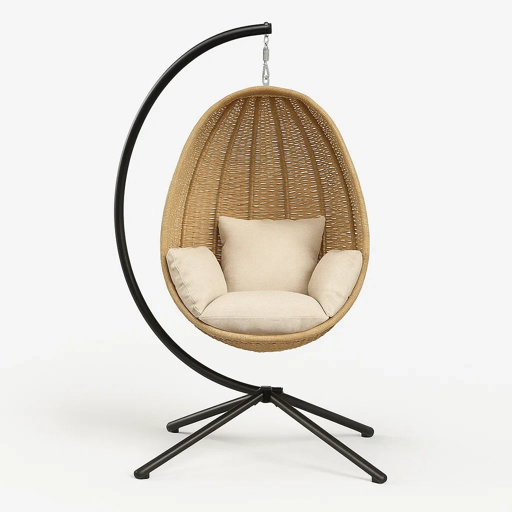 Rattan Hängesessel mit Stahlrahmen und Kissen, Beige, 195 cm hoch
