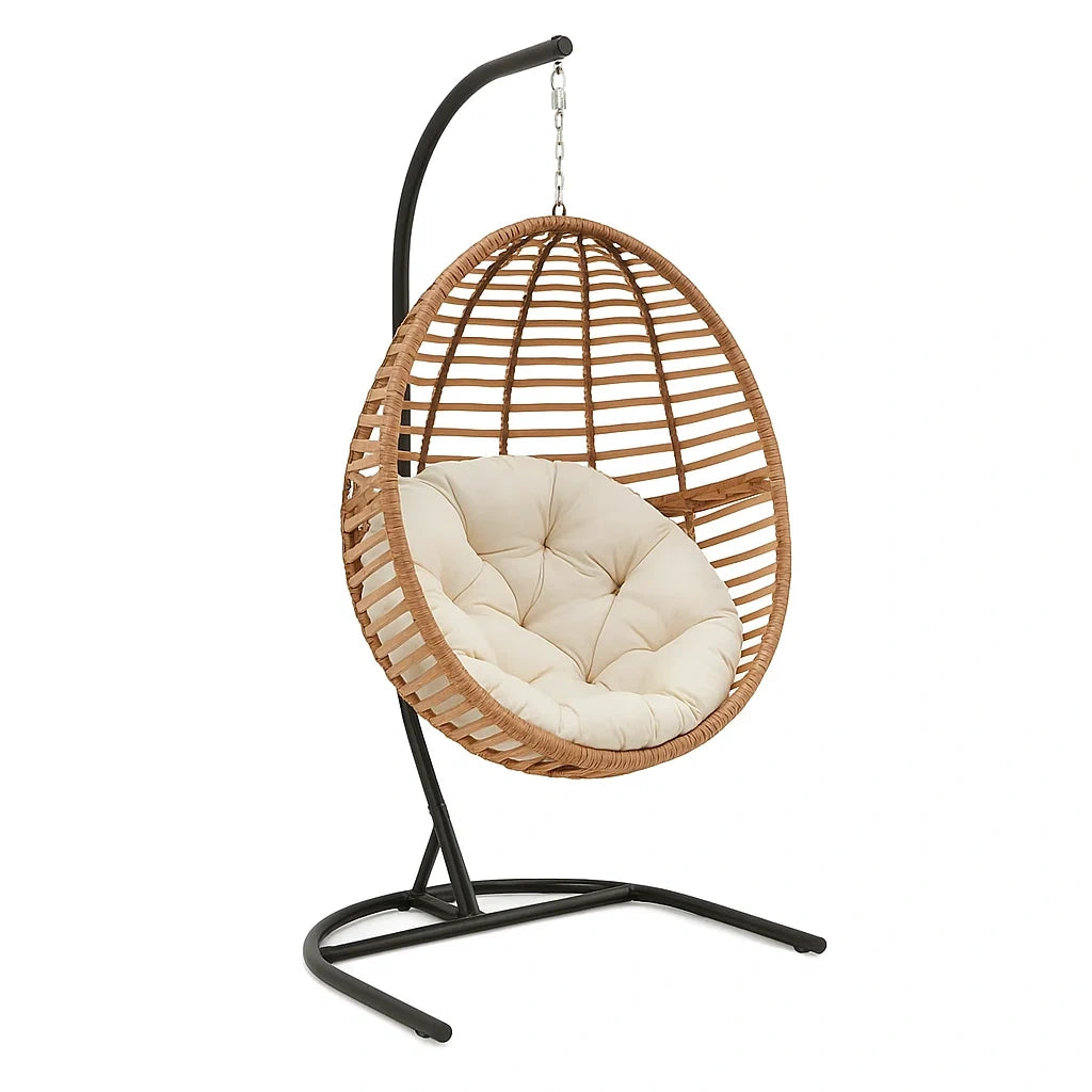 Hängesessel aus Polyrattan mit Stahlgestell und Kissen Beige