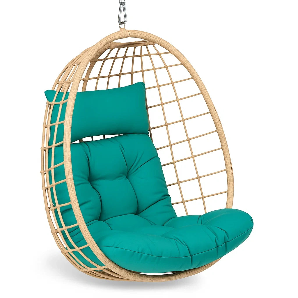 Hängesessel Ei-Form Rattan Beige mit Türkisem Kissen