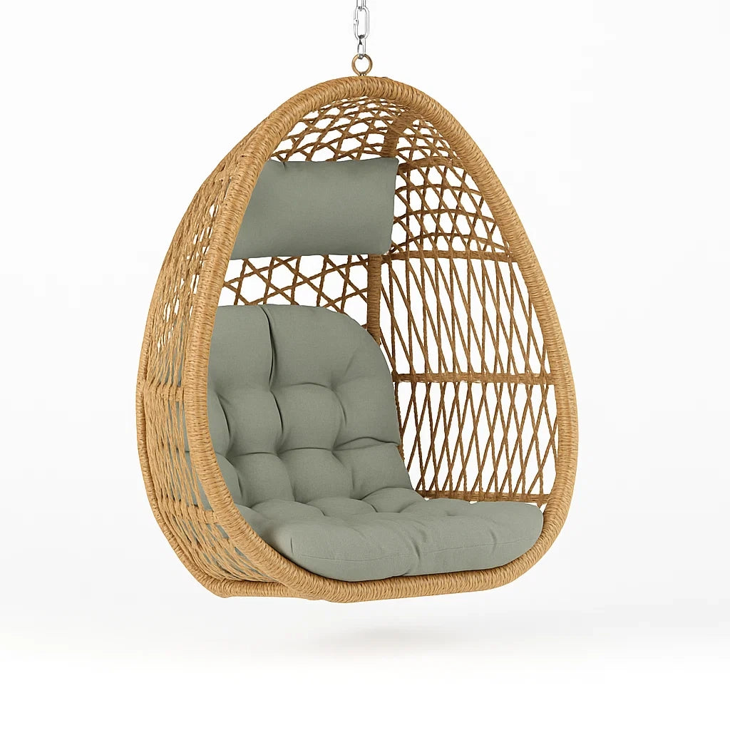 Rattan Hängesessel mit Grüner Polsterung