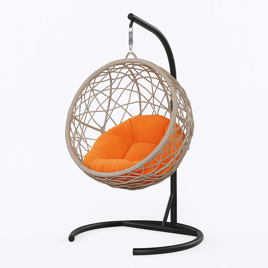 Runder Rattan-Hängesessel mit Gestell und orangefarbenem Kissen