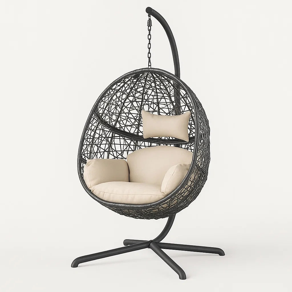 PE-Rattan-Hängesessel Schwarz mit Beigen Kissen