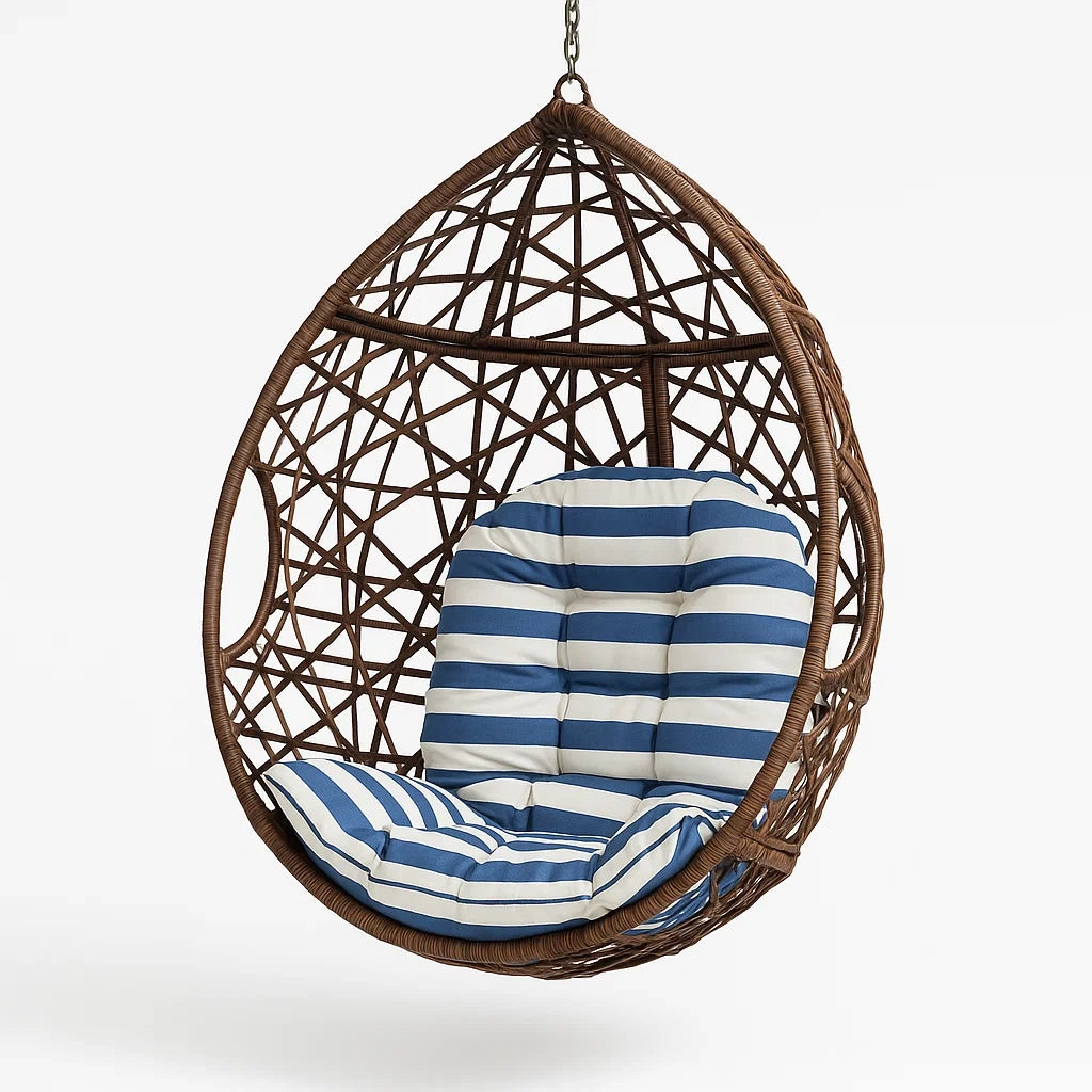 Rattan Hängesessel mit Blau/Weißem Streifenpolster