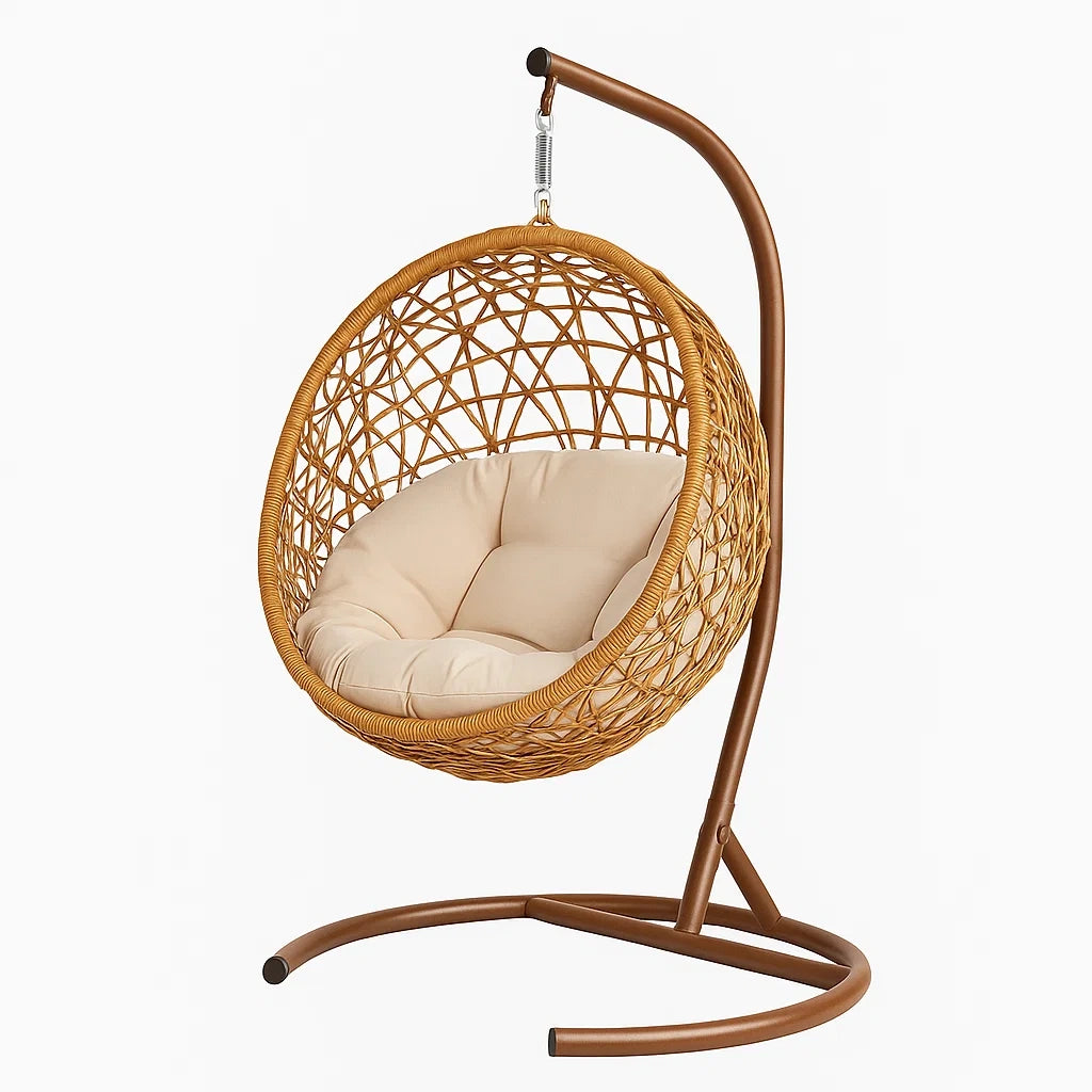 Runder Rattan Hängesessel mit Stahlgestell Beige