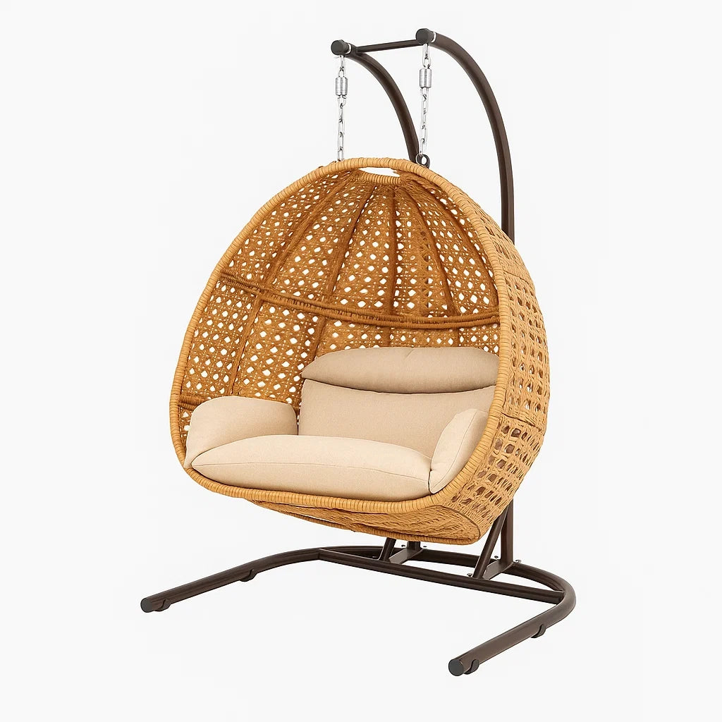 Rattan-Hängesessel mit Stahlgestell und Polyesterkissen