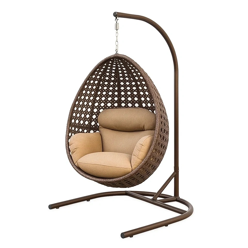Hängesessel Polyrattan mit Stahlgestell und Polyesterkissen Braun/Beige