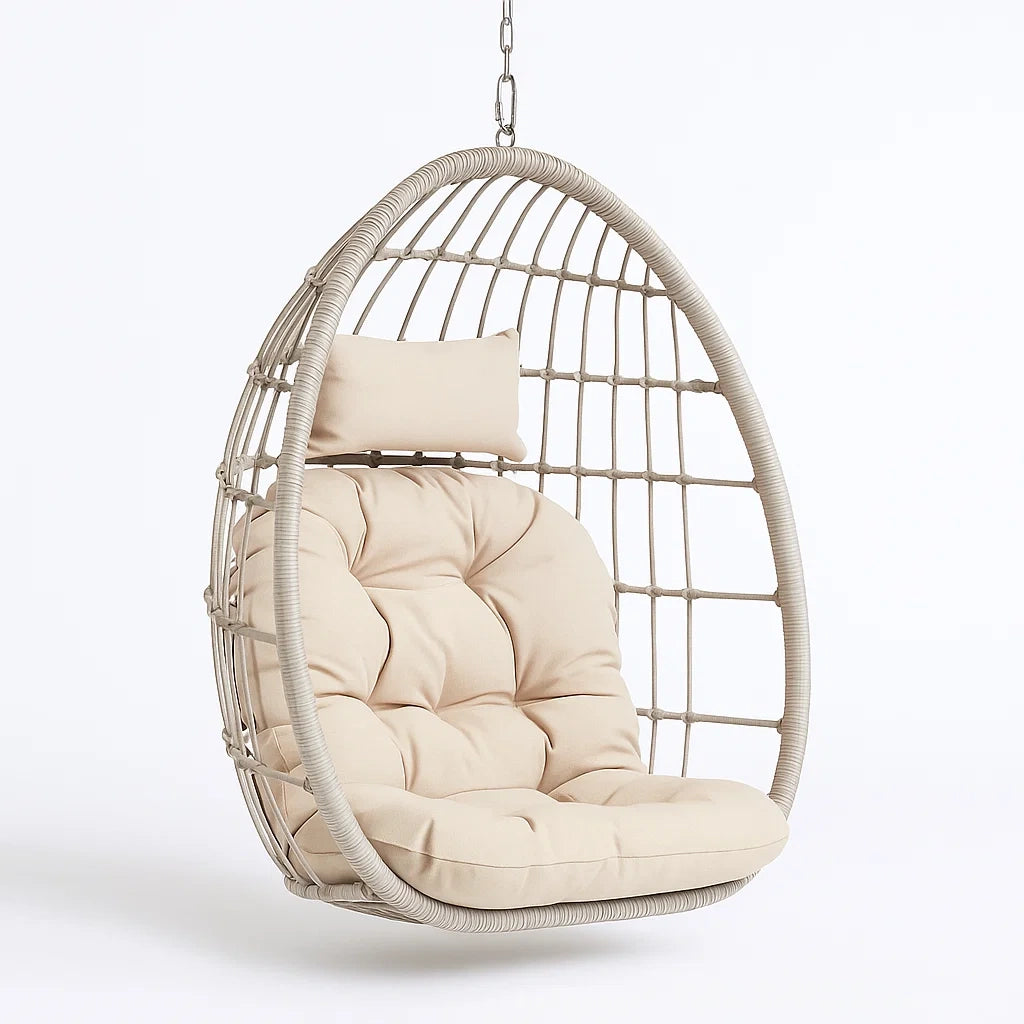 Hängesessel Ei-Form Polyrattan Baumwollkissen Beige