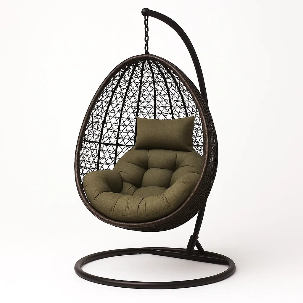Hängesessel Rattan-Ei mit Stahlgestell und olivgrünem Kissen