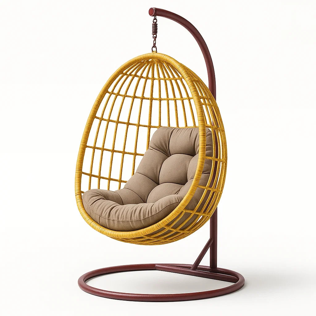 Rattan Hängesessel Gelb mit Stahlgestell und Kissen