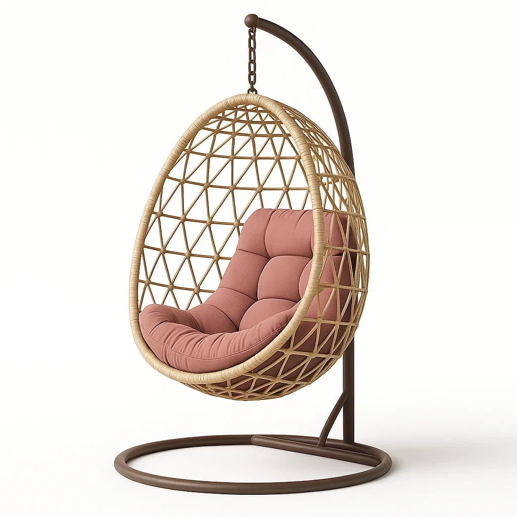 Rattan Hängesessel mit Polyesterkissen und Stahlrahmen Beige/Rosa