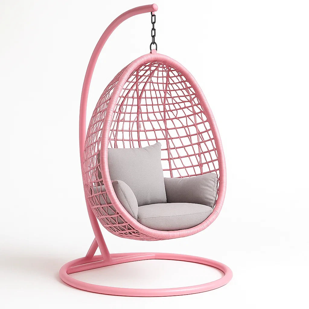Hängesessel Ei-Form Rosa Rattan mit Stahlrahmen und Grauen Kissen