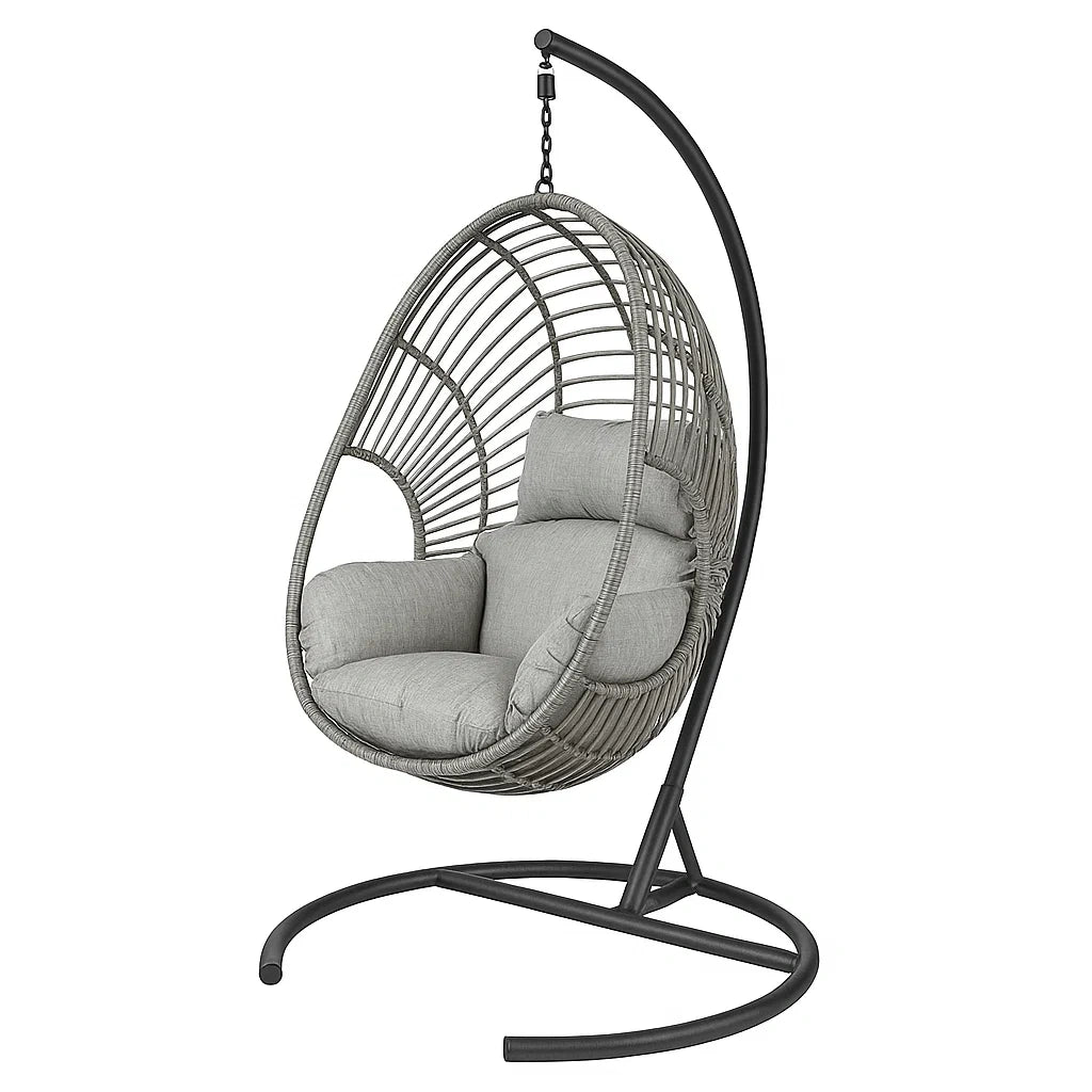 Rattan Hängesessel mit grauer Polsterung und Stahlrahmen