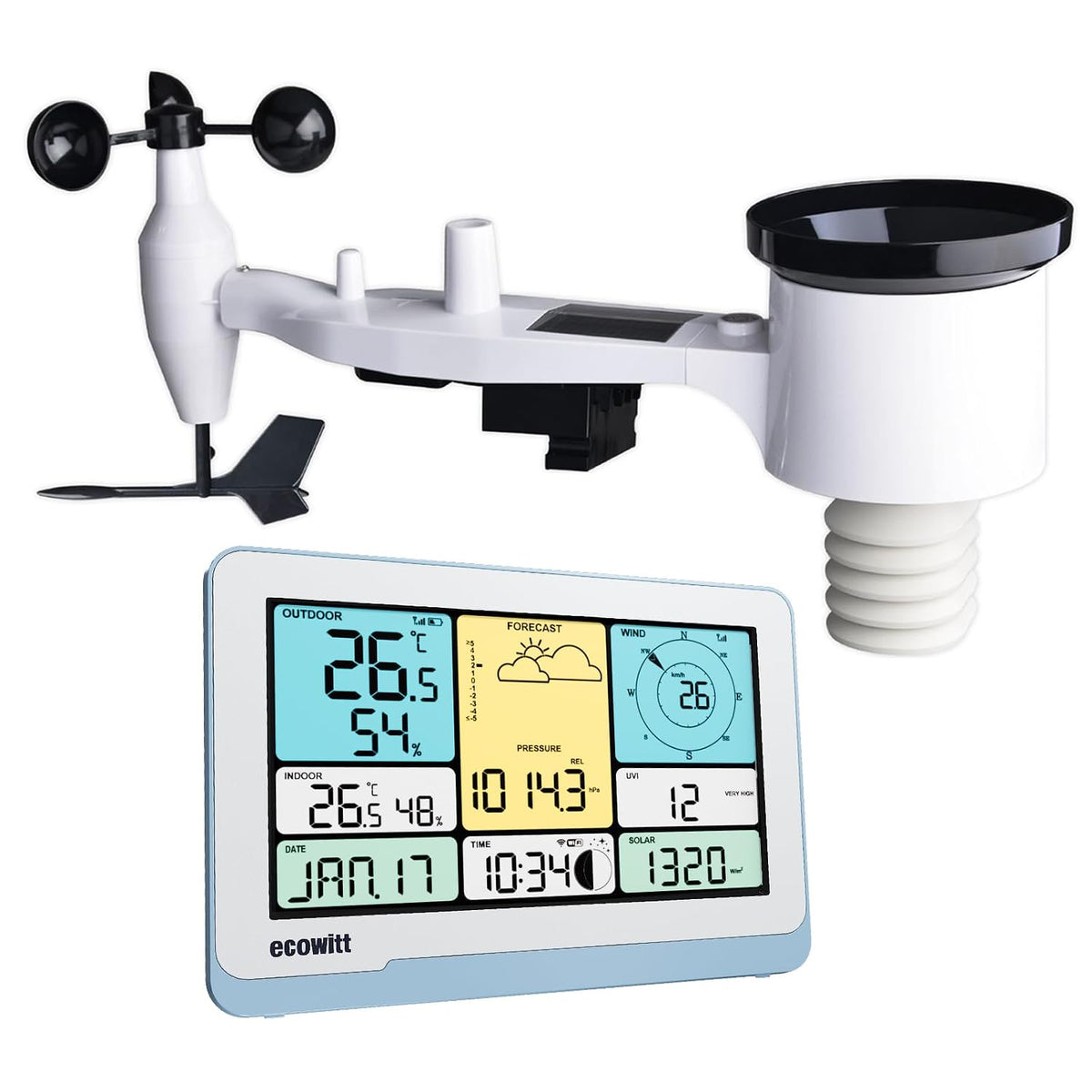 Ecowitt Weerstations WS3820 Weerstation, 7-in-1 zonne-energie, WS69, 7,5, wifi, met buitensensor, huis, buitensensor, tuin, draadloos, voor binnen