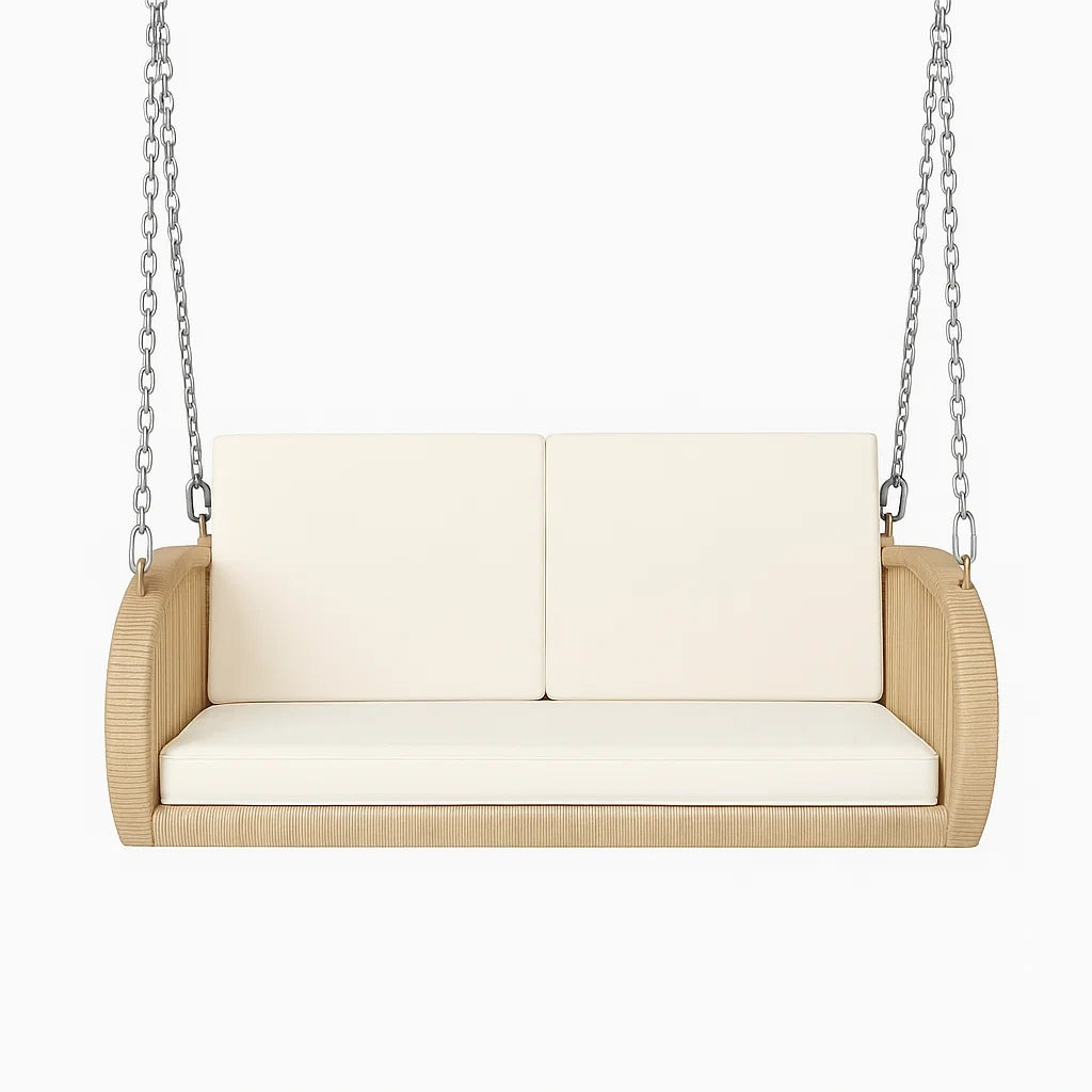 Holz Hängesofa mit Polyesterkissen Creme