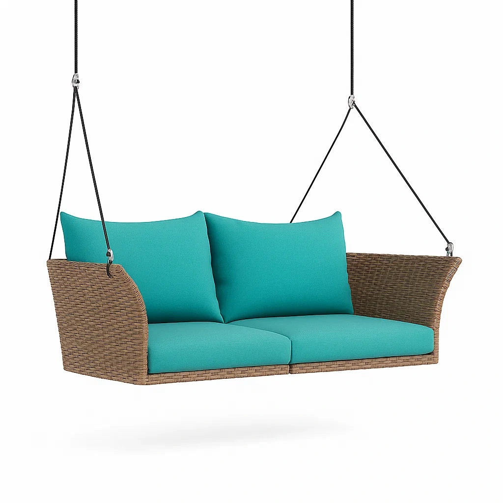 Rattan-Hängesofa mit Türkisen Kissen