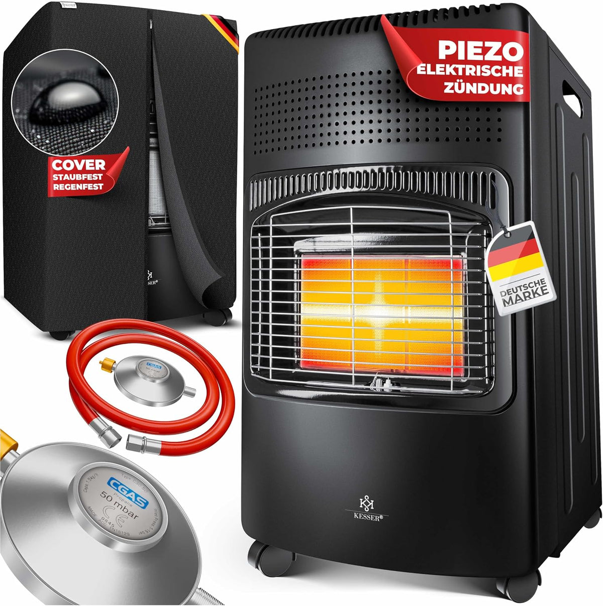 Kesser Elektrische kachel 4200 Watt keramische gasverwarming, butaan of propaangasflessen tot 15 kg, incl. gasdrukregelaar, warmtestraler