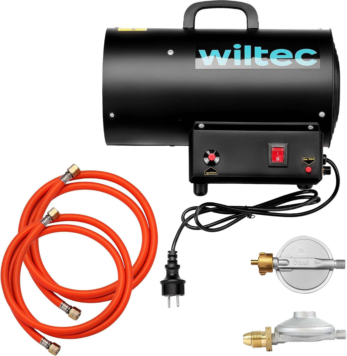 WilTec Elektrische kachel set heteluchtkanon op gas 15 kW, drukregelaar 700 mbar, voor gasflessen en 1,5 meter lange gasslang, geschikt, voor UK