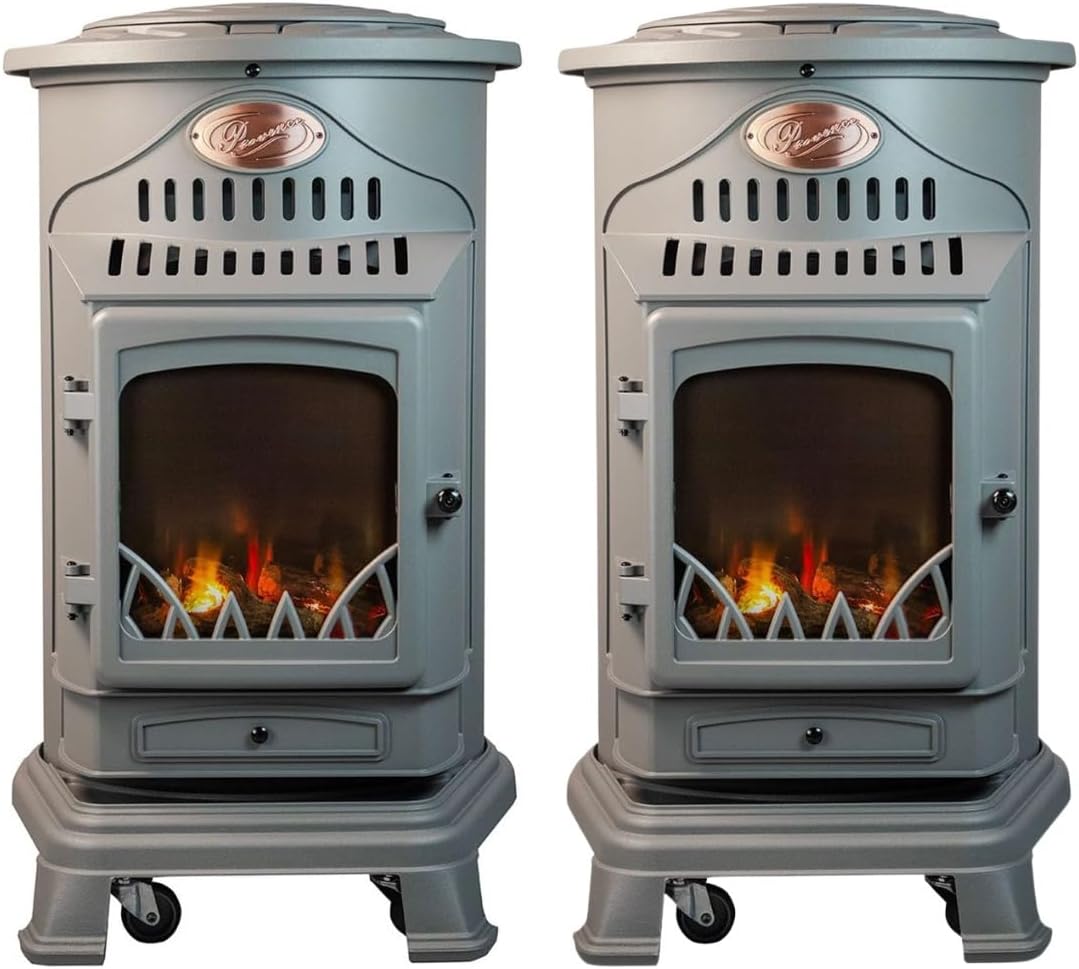Sahara Elektrische kachel, 3,4 kW, Set van 2 gaskachels, grijs, gietijzer, vuureffect, open haard, extra gasverwarming, Provence