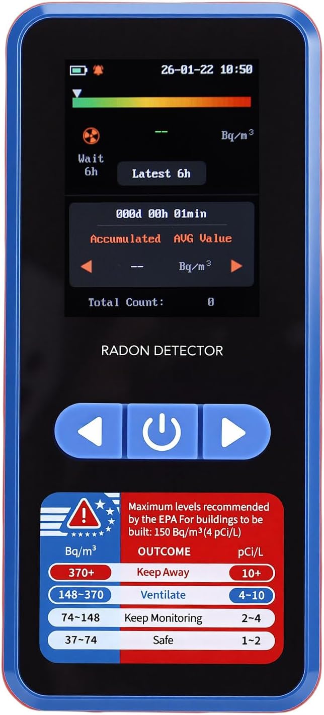 Jeffergarden Gasdetector Radondetector, Bereik van 3,3 Bq Tot 37 kBq/m3, met 2,0 Inch Kleurenscherm, 504 Dagenregistratie, Oplaadbaar, Keldermijn