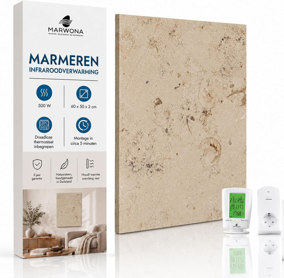 Elektrische kachel Marwona Naturstein Infraroodverwarming 500 Watt draadloze