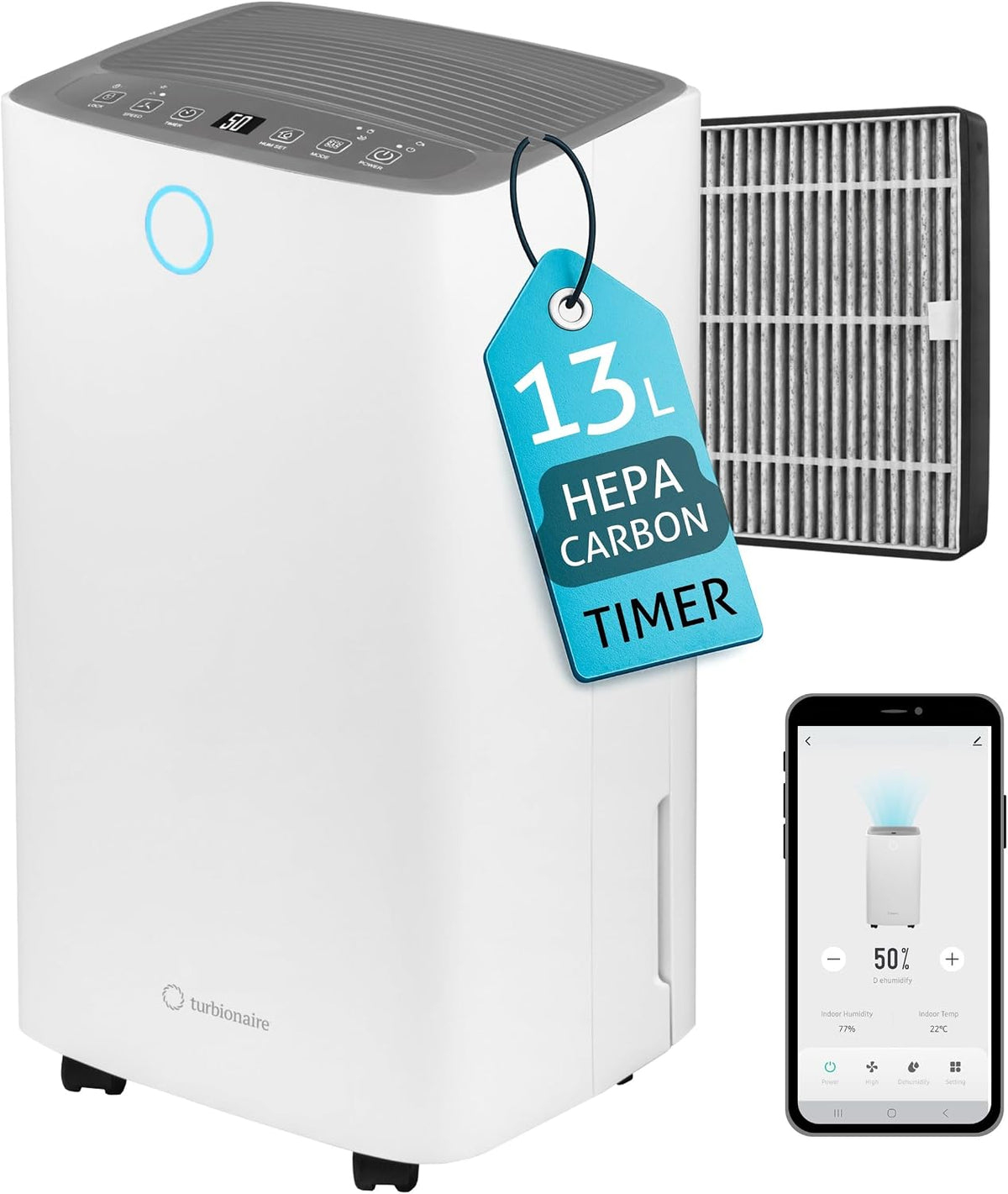 Luchtreiniger Turbionaire Senso 13 WIFI Clean, Stil 36 dB, 2 L Reservoir, 120 m3/u, 13L/24u, Clean HEPA + Koolstoffilter, Timer, Vochtigheidsindicator