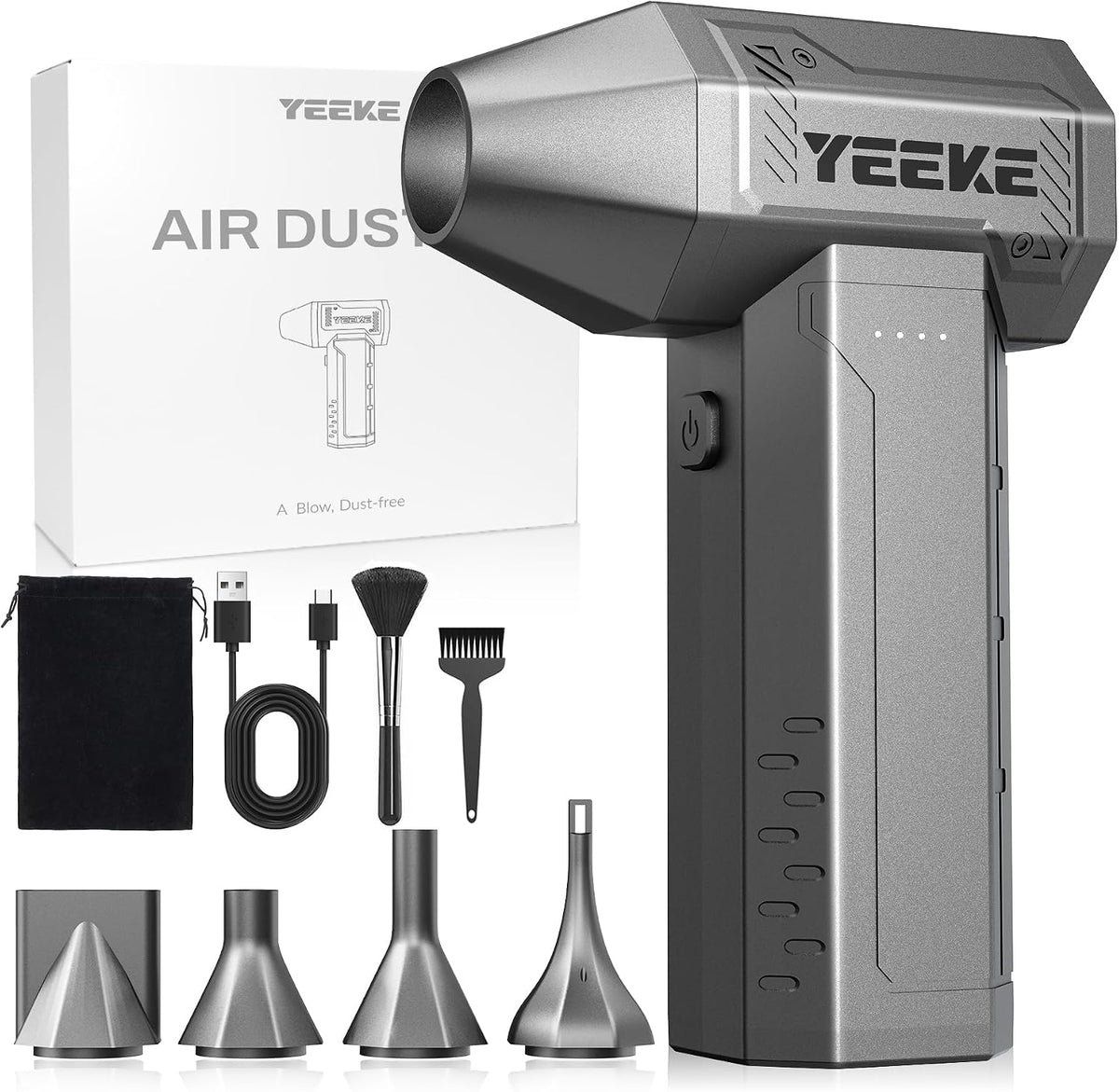 Yeeke Luchtreiniger Elektrische stofventilator, 300.000 tpm en 400 G winddruk, 10.000 mAh mini-ventilator, 4-speed Air Duster, met ledlicht, voor pc