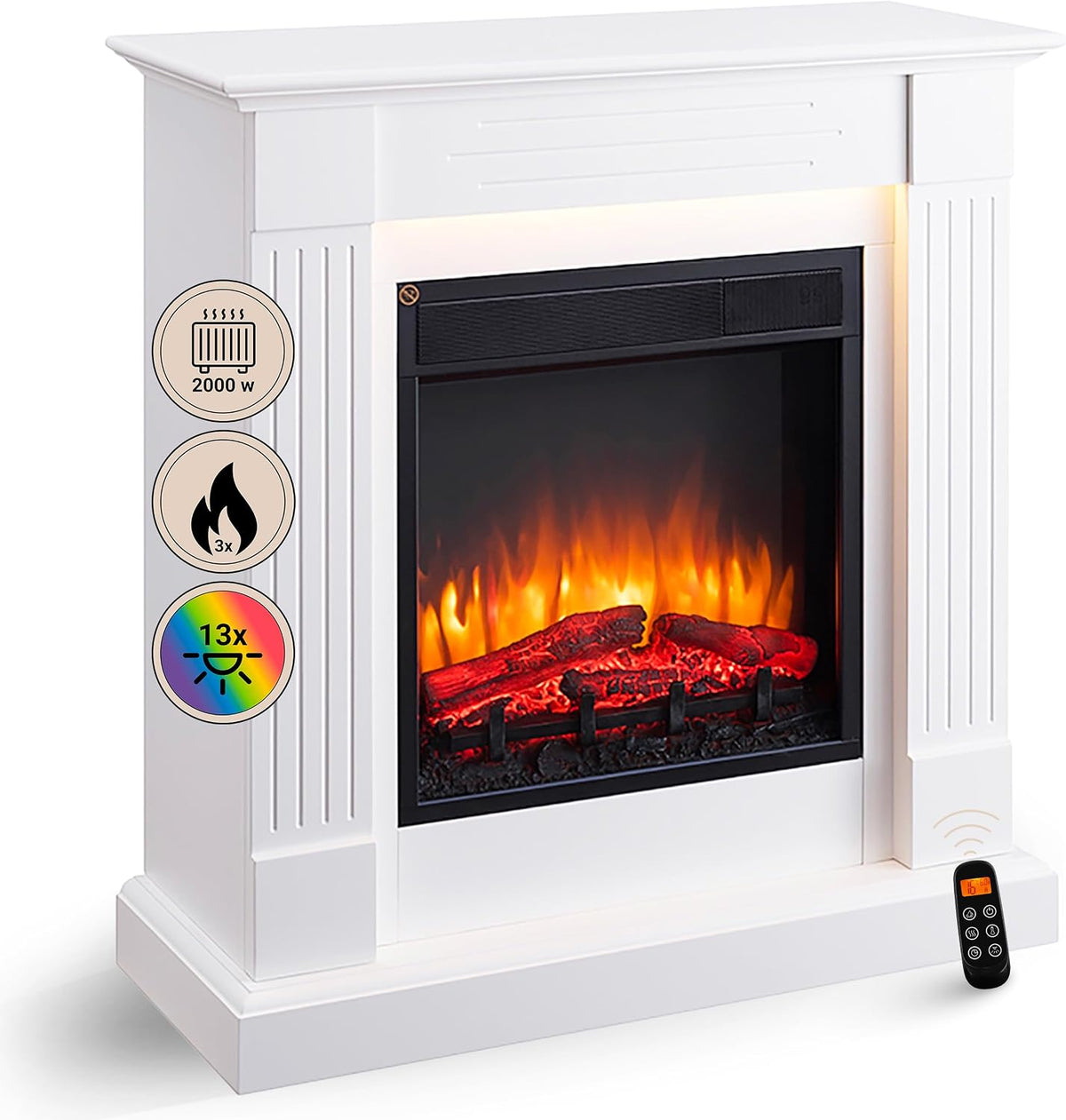 Balderia Elektrische haard Ladina Open, met Verwarming 1000/2000 W, realistisch 3D-vlam effect, Afstandsbediening programeerbaar, Thermostaat - wit