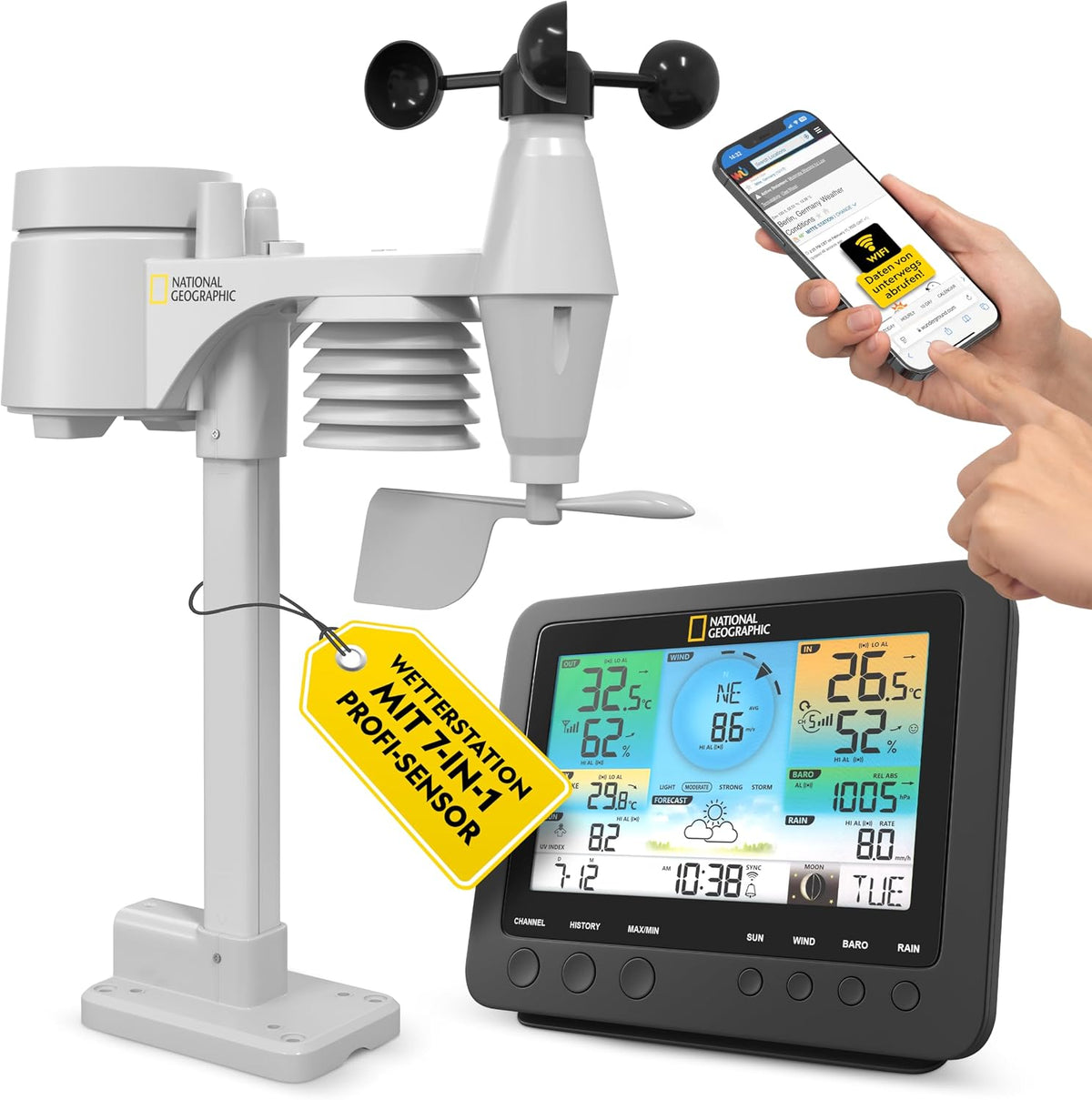 National Geographic Weerstations Draadloos weerstation, met 7-in-1 professionele sensor, wifi, met buitensensor, kleurweerstation, voor wind, neerslag
