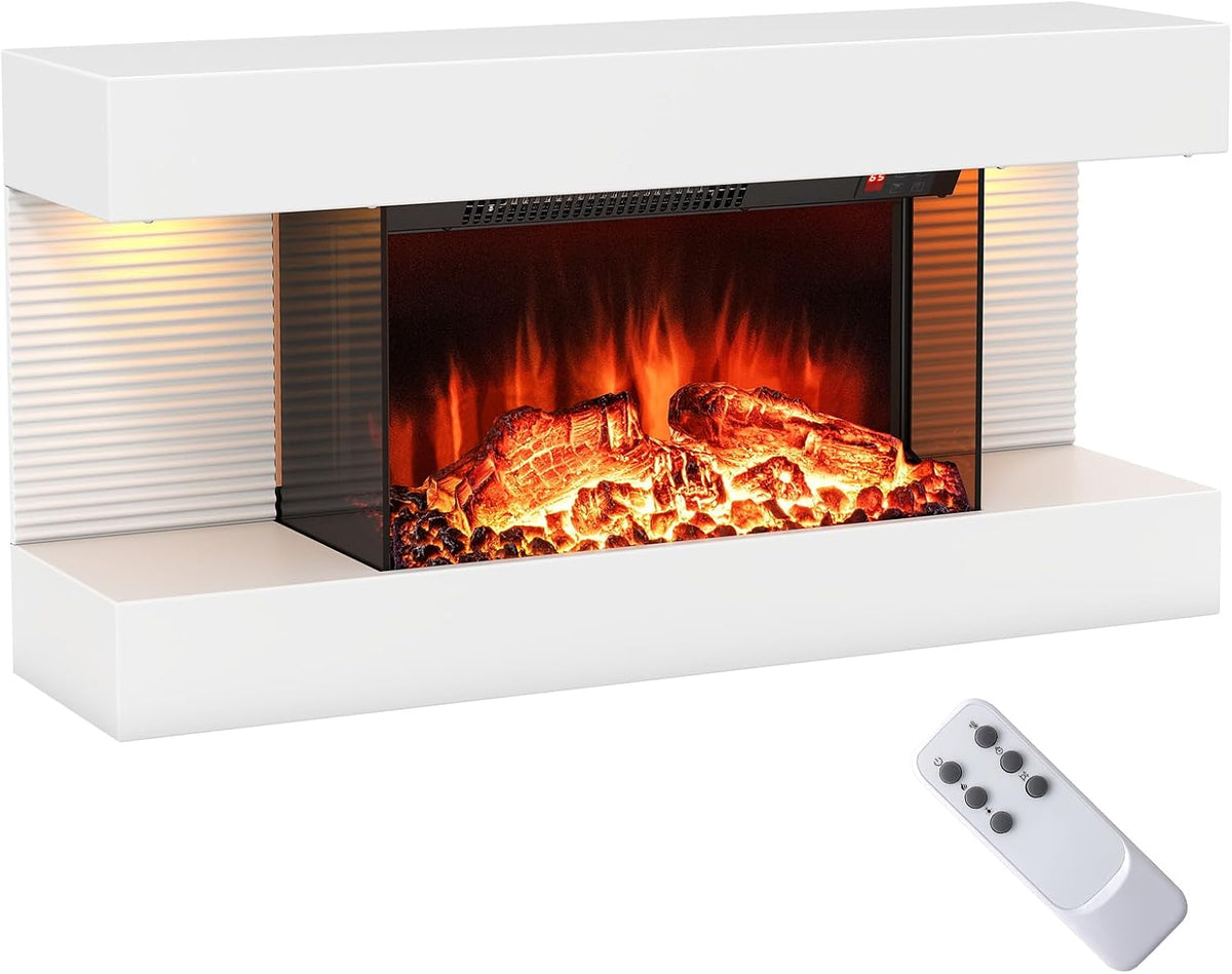 Costway Elektrische haard open, zwevende wandhaard 1500 W/5000 BTU, 8-uurs timer, 12 vlamkleuren, staande open haard 17 °C - 28 °C, wit