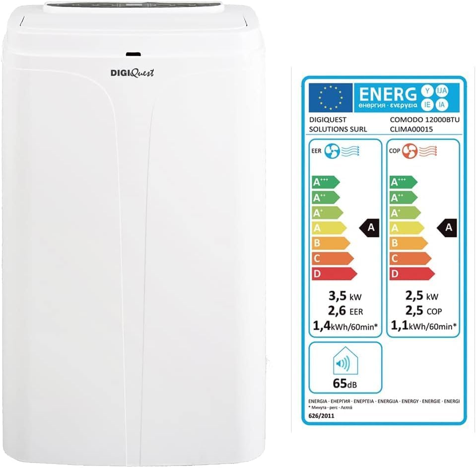 Digiquest Mobiele airco Comodo Draagbare airconditioning, luchtbevochtiger en ventilator (3,5 kW en 2,5 kW), 24-uurs timer, 12000BTU, 4-in-1: koud