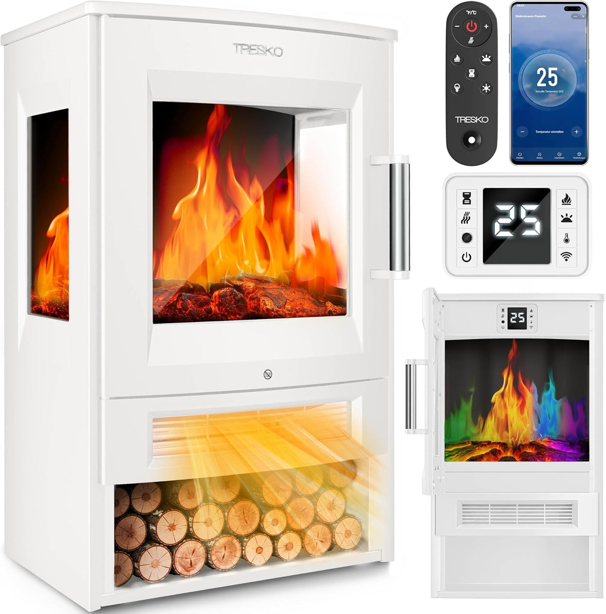 Tresko Elektrische kachel open haard, 1800 W led-vlameffect, incl. afstandsbediening en wifi-app, timer, met verwarming, elektrische open haard