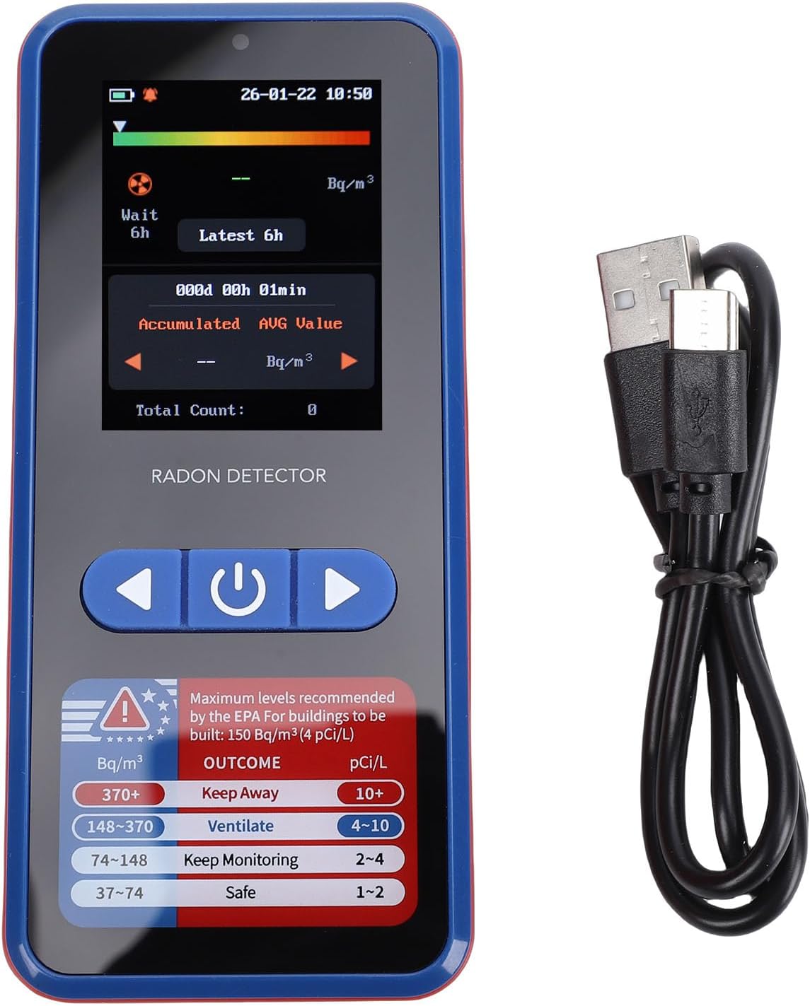 Seafront Luchtkwaliteitsmeter Handheld Radon Detector Draagbare Radon Monitor, met Kleurendisplay Type C Oplaadbare Checker Testtool, voor Thuiskelder
