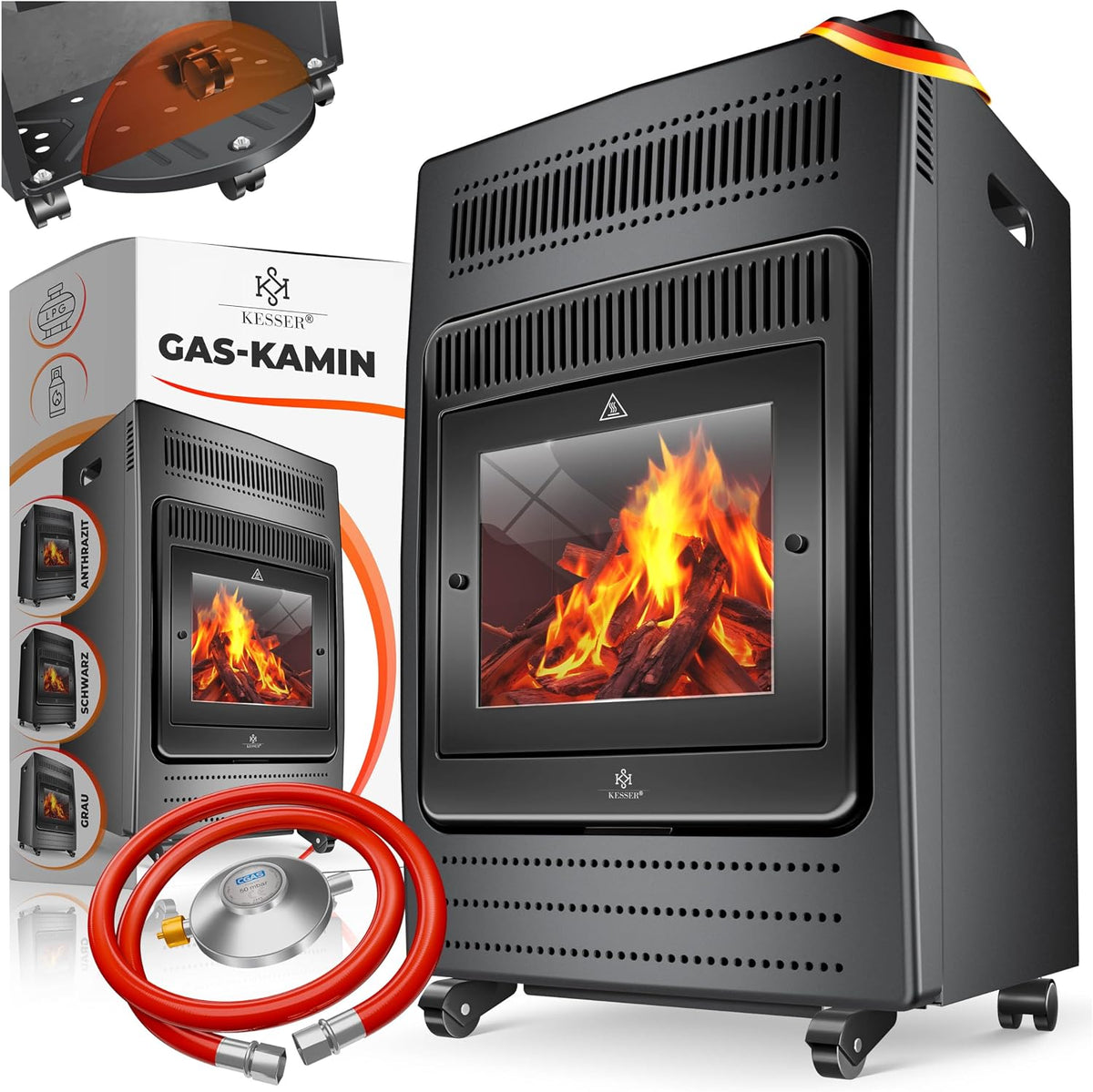 Elektrische kachel Kesser Gaskachel, 3,4 kW, 3400 W, butaan- of propaangasflessen tot 11 kg, 2 warmtestanden, gasdrukregelaar en gasslang, infrarood
