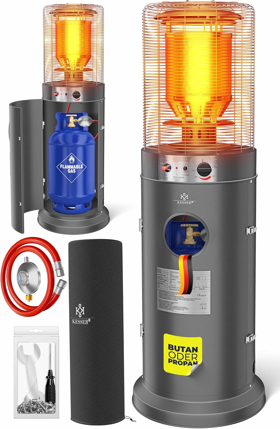 Kesser Elektrische kachel KE12 Warmtestraler, 10 kW, incl. beschermhoes, voor terras, terrasverwarming, buitenluchtverwarming, gaskachel, antraciet