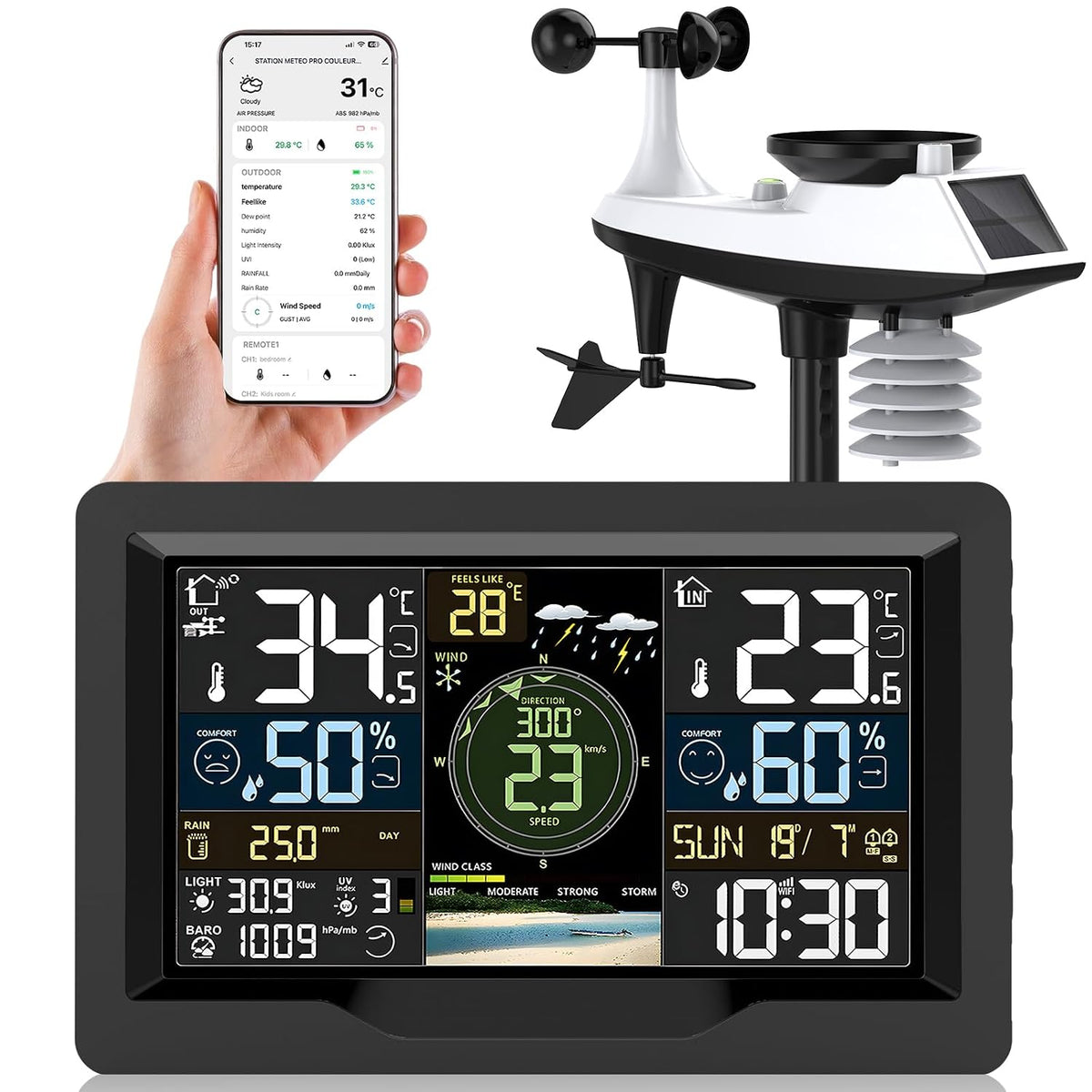 jely Weerstations WiFi Weerstation, 12–24 u Weersvoorspelling, met App, WLAN Weerstation, met Buitensensor, Thermometer Hygrometer, Temperatuur, Index