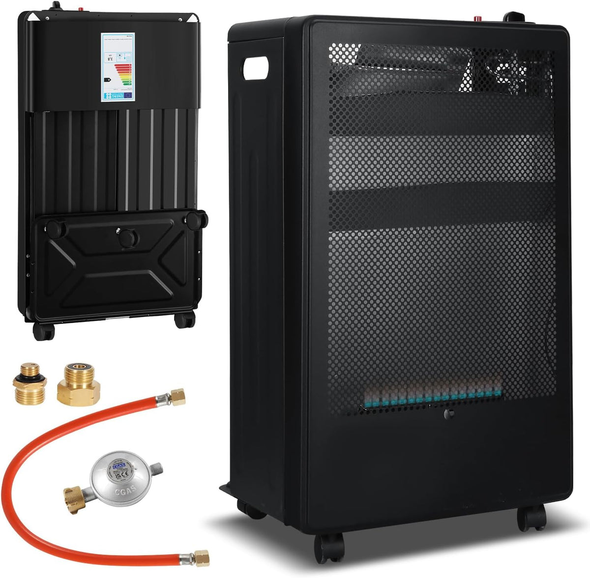 Hebitod Elektrische kachel Gaskachel, 2 warmtestanden 2200 en 3800 W, voor gasflessen van 15 kg, verwarmingsvolume tot 80 kubieke meter, blauwe vlam