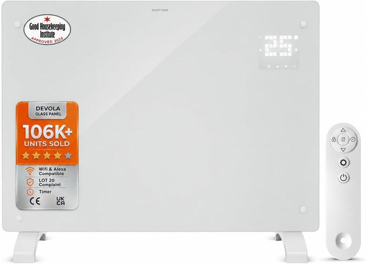 Devola Elektrische kachel Wifi Smart elektrisch verwarmingspaneel van glas, 1000 W, 20 stuks, DVPW1000WH, timer, Alexa-bediening, open raamdetectie