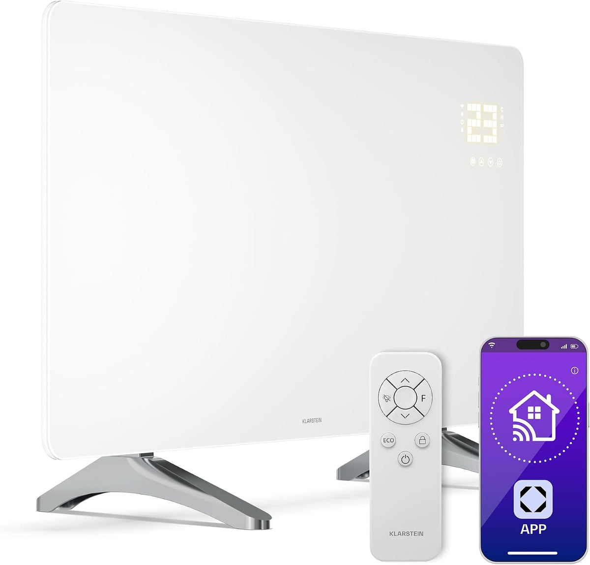 Radiateurs Klarstein infraroodpaneelverwarming 480 W – aan de muur of losstaand, IP43, voor ruimtes van 9 m2, slimme app en spraakbesturing, timer