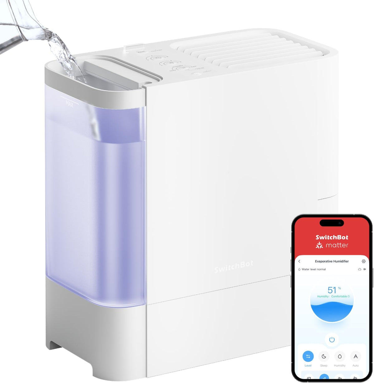 Luchtbevochtiger SwitchBot verdampingsbevochtiger, 750 ml/u, 4,5 liter tank, compatibel, geen nevel/wit stof, vullen via de bovenkant, met Alexa