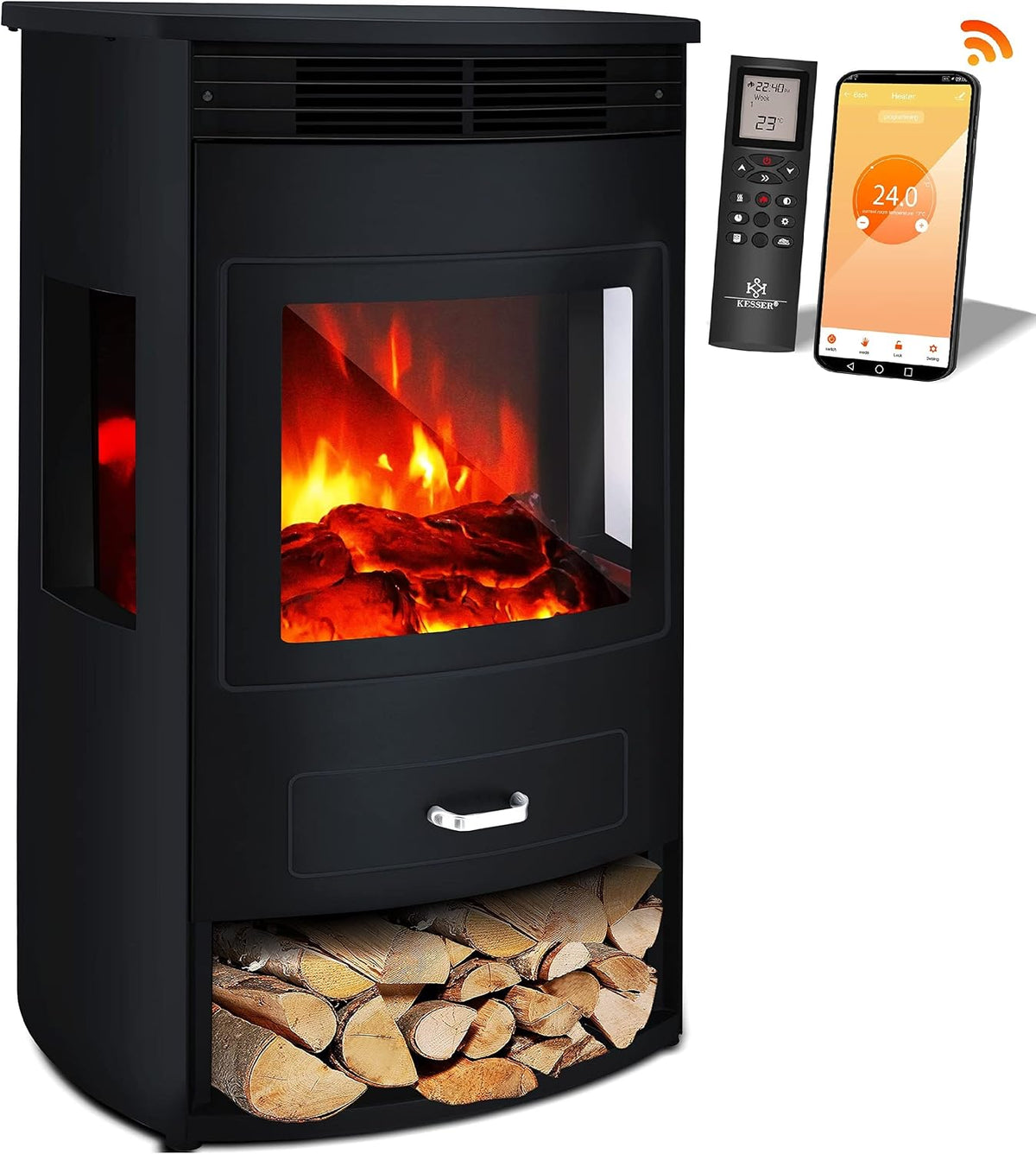 Kesser Elektrische kachel ® Prio open haard, 950/1900 W, met thermostaat 3-delig panorama kijkvenster, met afstandsbediening, met verwarming