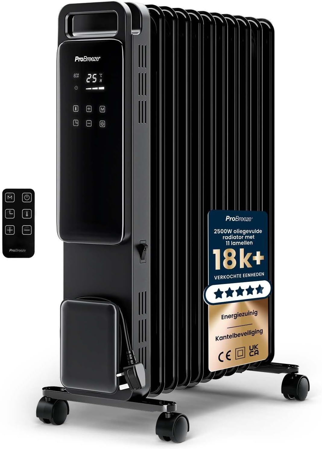 Elektrische kachel Pro Breeze 2500W, met Touch paneel - 24-uurs Timer, Olieradiator 11 Ribben, 3 Modi, Zwart, Digitaal scherm