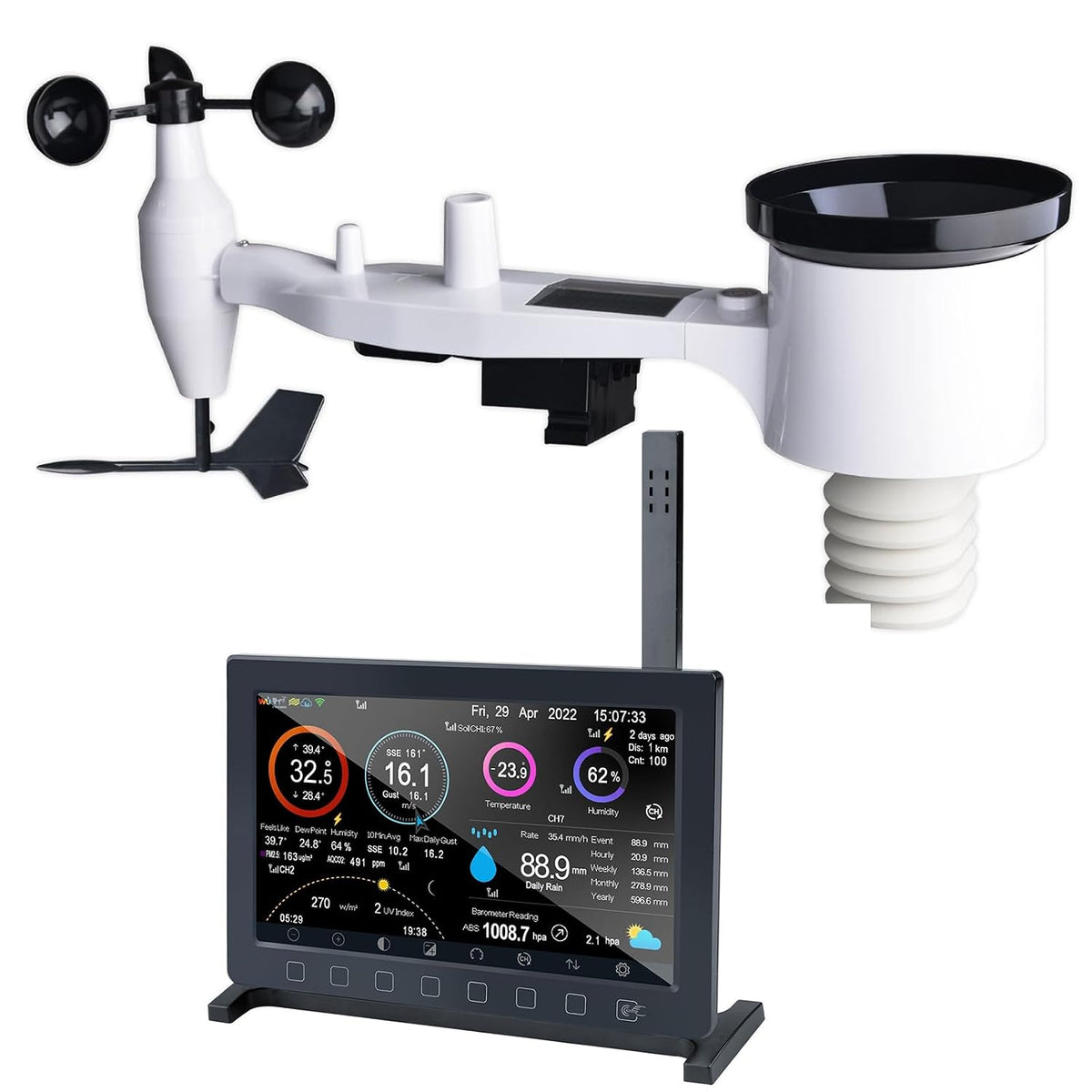 Ecowitt Weerstations Draadloos weerstation, 7-in-1 wifi-weerstation op zonne-energie, HP2561, weersvoorspelling 7-inch TFT-scherm, met buitensensor