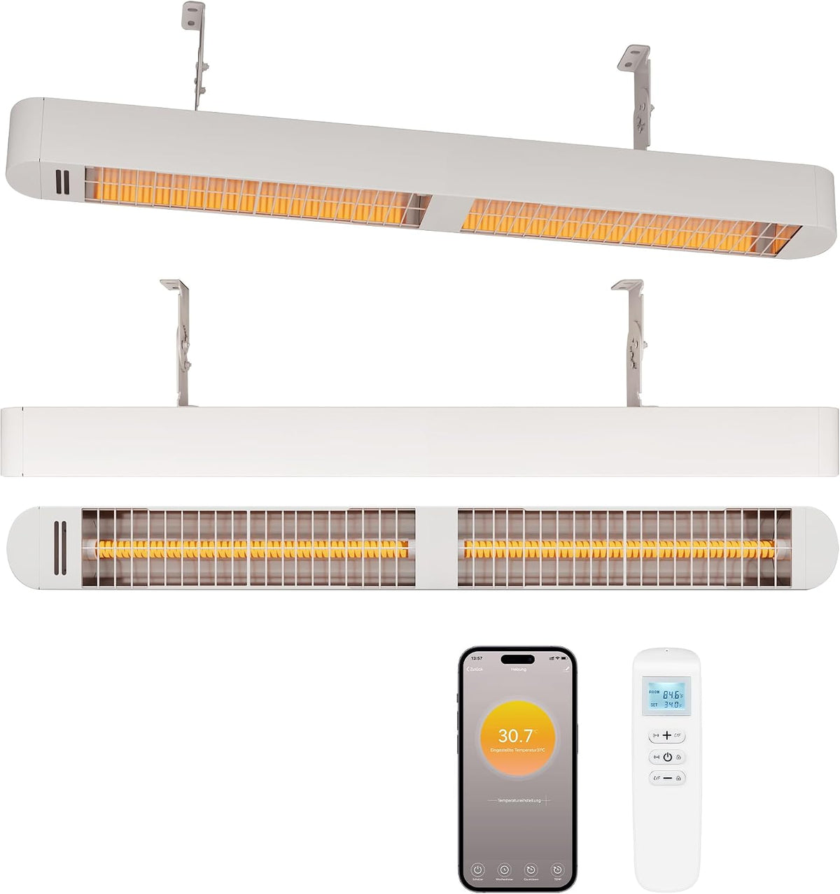 Terrasverwarmer byecold 1500 W infraroodverwarming, met afstandsbediening en WiFi-app, Wit, Infraroodradiator, Muur- en plafondmontage, Voor terras
