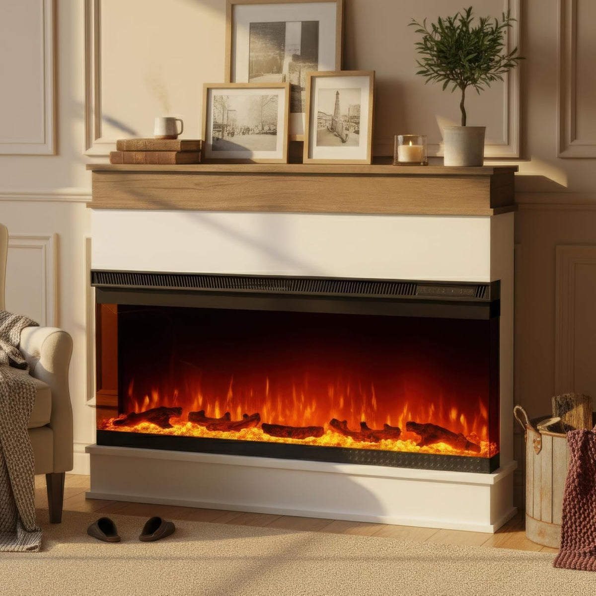 M.C.Haus Elektrische haard 3-zijdige open, 12 kleuren vlameffect, 1500/750 watt, afstandsbediening, wit, minimalistische open haard