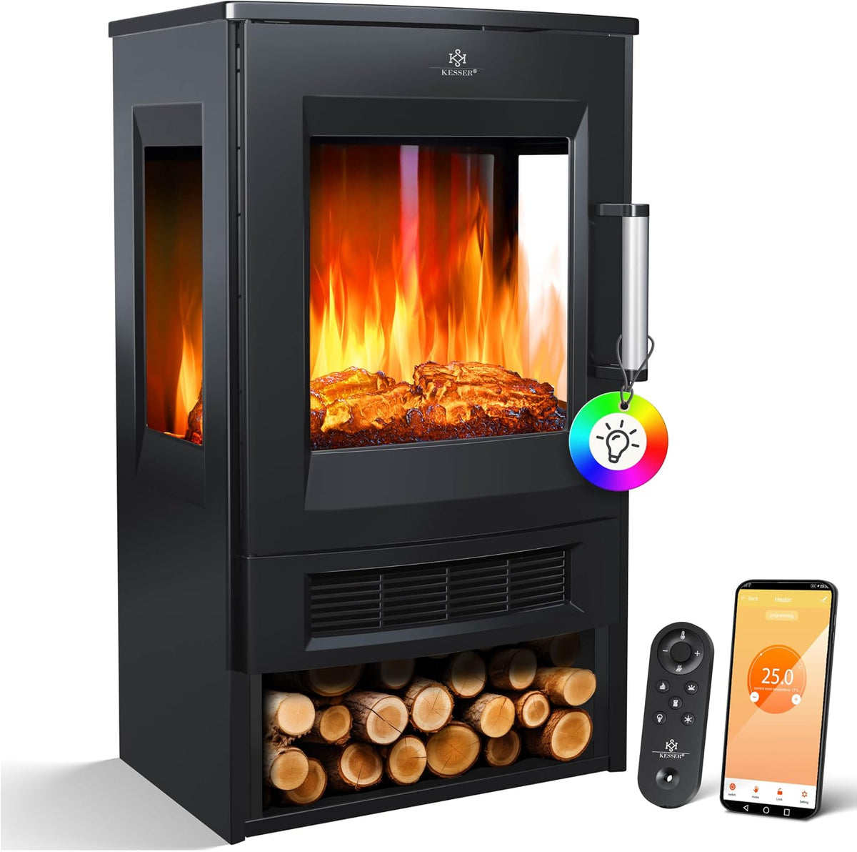 Elektrische haard Kesser ® open, 900/1800 W, met 9 kleurmodi, afstandsbediening, wifi-app, met thermostaat (zwart), met verwarming, panoramavenster